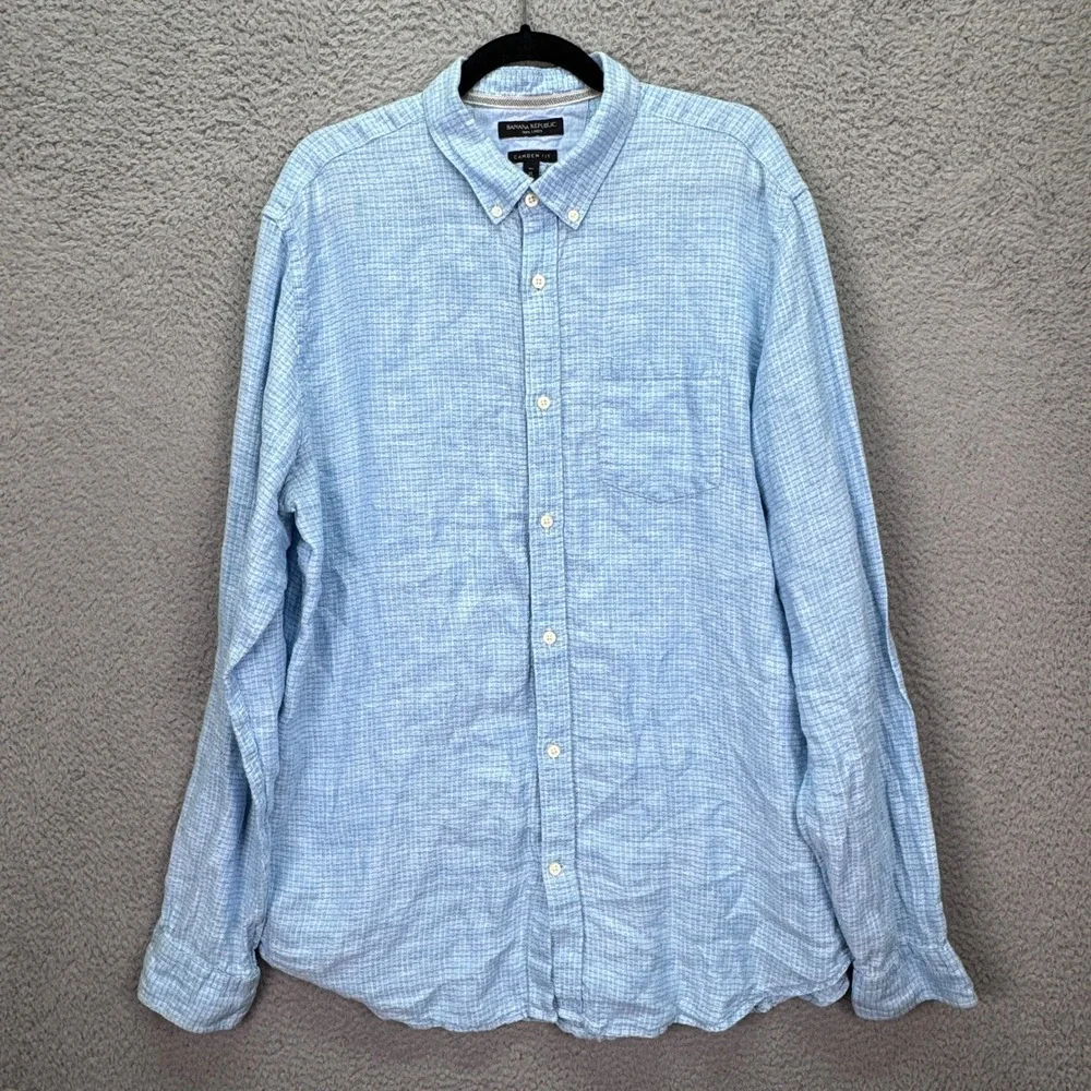 Banana Republic Shirt Men XL Tall Blue Check Camden Fit 100% Linen Button Preppy